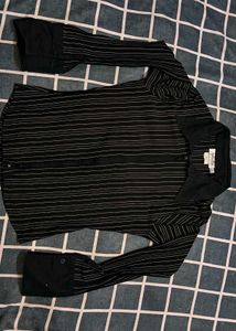 Striped Front Ruched Fitted Long Sleeve Shirt