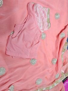 Peach Colour Saree With Fancy Blouse