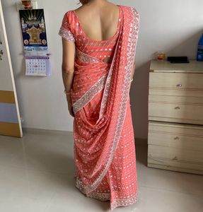 ❤🌸Beautiful Embroidered Coral Saree🎉