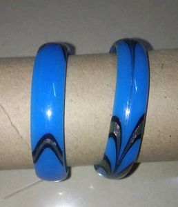 Blue Patterned Glass Bangles - Set of 2