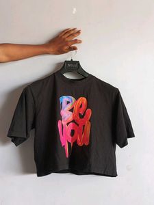 Oversized Cropped Tshirt For Women - Black