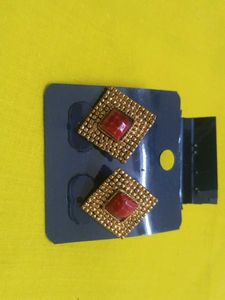 Red Stone Embedded Gold Earring