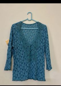Elegant Teal Floral Lace Cardigan Top
