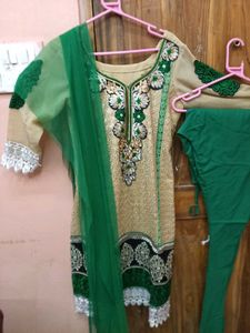 GentlyUsed Elegant Cream&amp;GreenEmbroidered KurtaSe