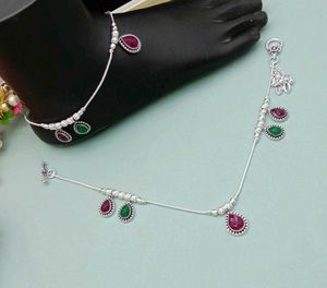 Silver Plated Anklet with Red &amp; Green Stones