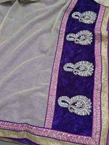 Purple Velvet Saree With Golden Net