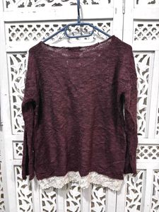 🎀Burgundy Knit Sweater w/ Lace Trim E