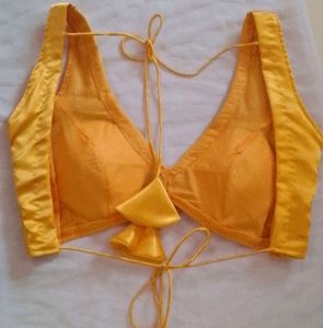 Satin Padded Backless Drawstring Deep Neck Blouse
