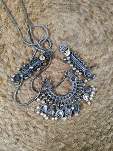 Silver Replica Long Pendant Set With Green Stones