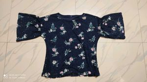 Navy Blue Lace Top with Floral Patterns