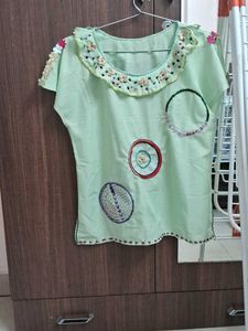 Cute Green Hand  Embroidered Top