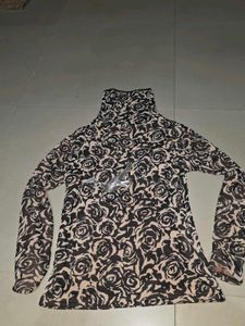 Floral Mesh Fleece Turtleneck Top