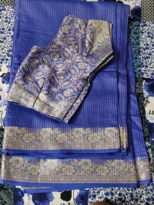 Blue Checked Silk Saree with Floral Border.