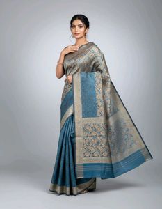 Blue Original Katan Silk with Embellished Border
