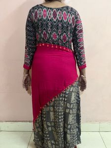 Ikat Fusion Kurti - Grey/Pink - Size L