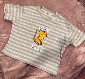 Cute Striped Tee with Cat Graphic