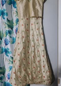 Long Ethnic Gown In Raw Silk Type Fabric
