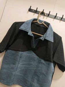 Imported Crop Two-Tone Denim &amp; Knit T