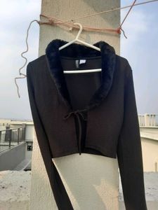 H&amp;M Ribbed Crop Tie Up Cardigan Black For Women