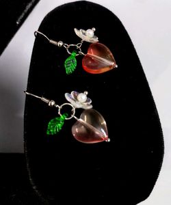 Handmade Orange Heart Earrings with Flower &amp; Leaf