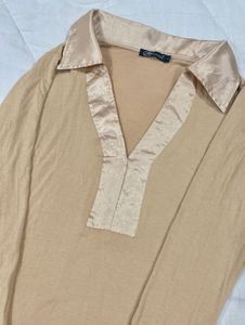 Beige Satin-Collared Blouse