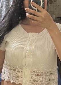 White Ribbed Lace Trim Crop Top