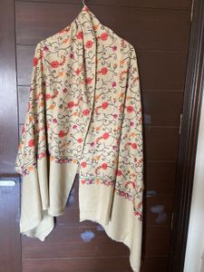Beige Colour Full Embroidered Pure Wool Shawl