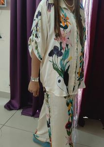 Abstract Print Floral Satin Co Ord  Set