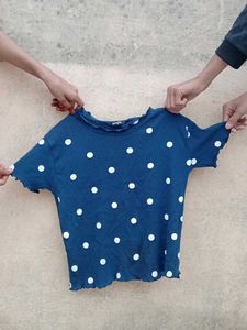 Navy Polka Dot Ruffle Trim Tee