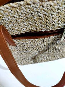 Woven Tote Bag with Faux Leather Accents