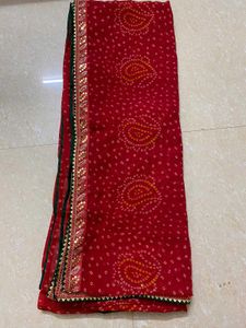 Red Bandhani Saree with Embellished Border