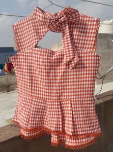 Coral Gingham Bow Front Top