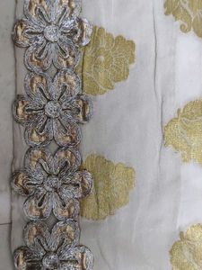 White &amp; Gold Saree with Floral Details