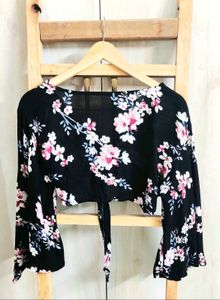 Black Printed Cotton Crop Top Size-28-30