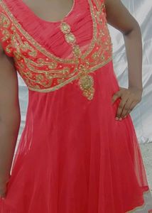 Coral Flared Sleeveless Party Wear
