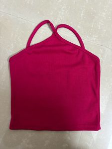 Hot Pink Halter Ribbed Crop Top
