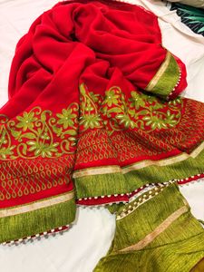 Red &amp; Green Embroidered Saree