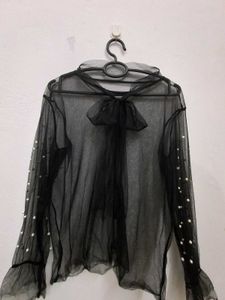Tie Up Sheer Black Pearl Beaded Top