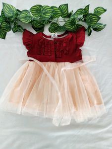 Maroon &amp; Light Orange Printed Netted Dress (Girls)