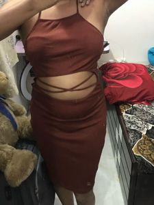 Brown Front Cut Out Halter Neck Dress