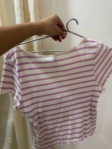 Striped Lace Crop Top with Buttons