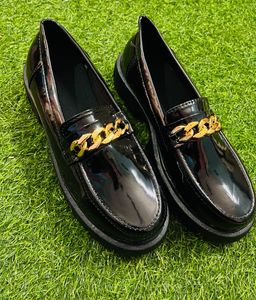 Stylish Black Loafers with Gold Chain