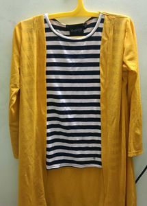 Yellow long Cardigan with attached stripped ts