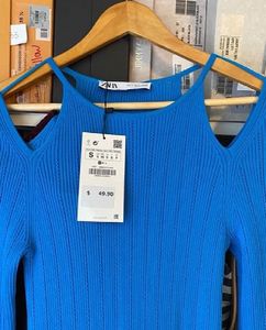 Zara Pointelle Blue Stretch Cold Shoulder Bodycon