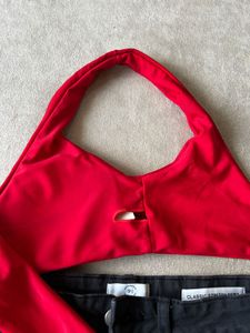 Red Top &amp; Black Denim Skirt