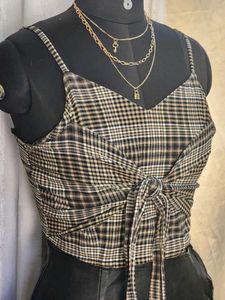 Vera Moda Checked Strappy Crop Top with Tie-Up