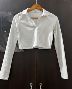 White Ribbed Long Sleeve Top