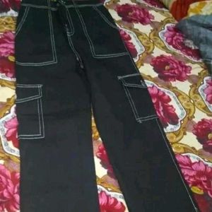 Black Contrast Stitch Cargo Pants