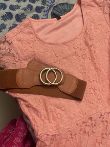 Knee Length Net Bright Peach Dress With Brown Belt
