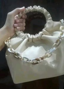 Beige Ruched Handle Chain Bag